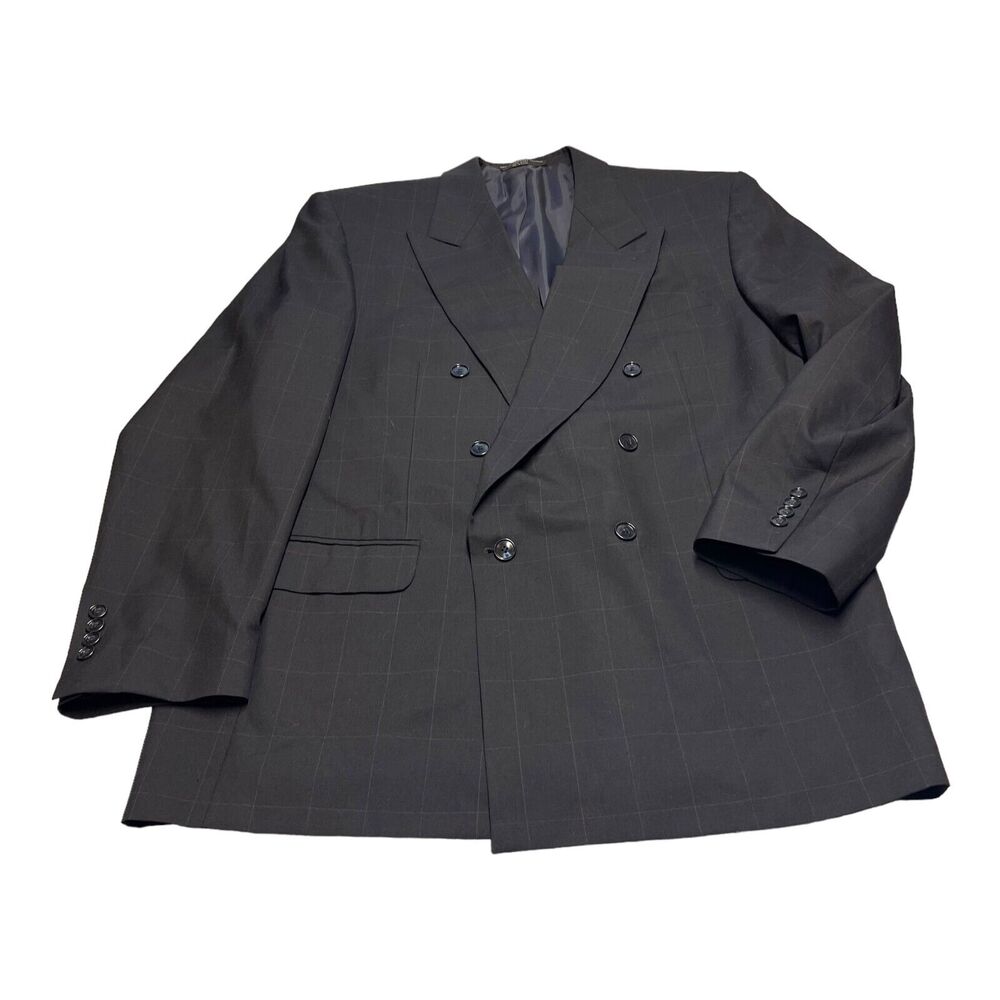 Jones New York Blazer Jacket Men 46L Blue Check 100%% Wool Notch Double Breasted